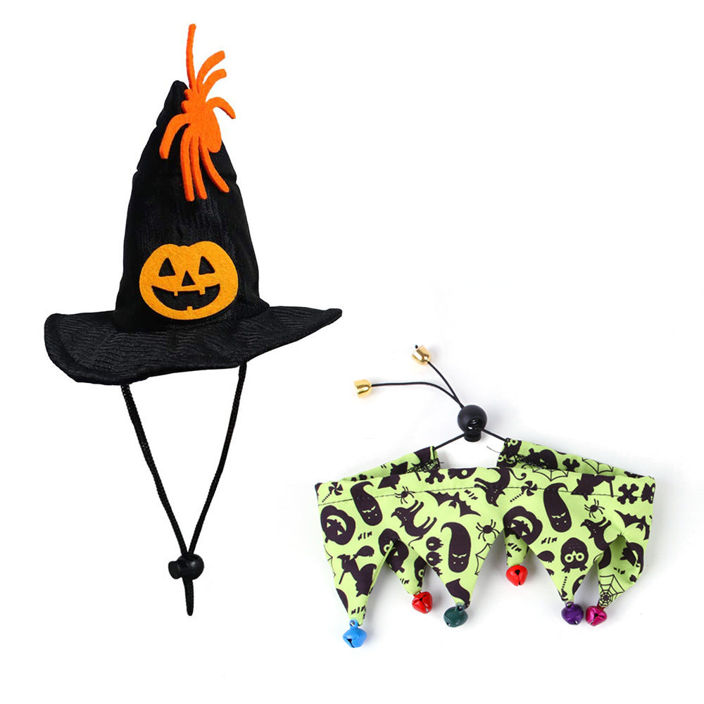 HKM-131603 Skull Pattern Cat Cape Hat and Scarf Set - Halloween Pet Costume with Spider Web Design