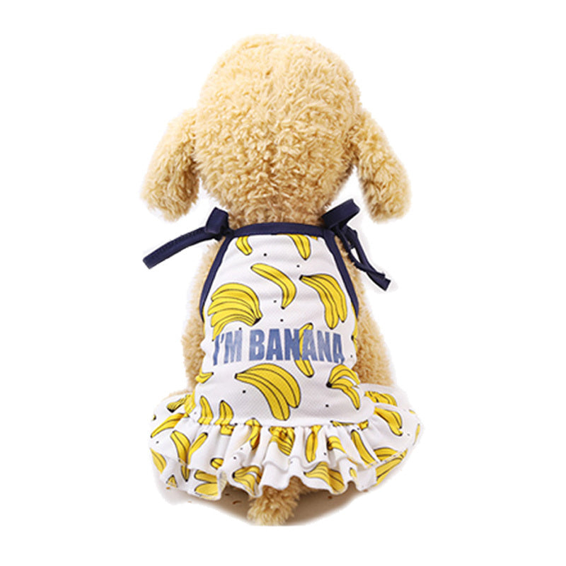 HKM-478035 Fruit Pattern Pet Skirt and Vest in Mesh Cloth - Summer Pet Apparel in Pineapple, Banana, and Strawberry Designs