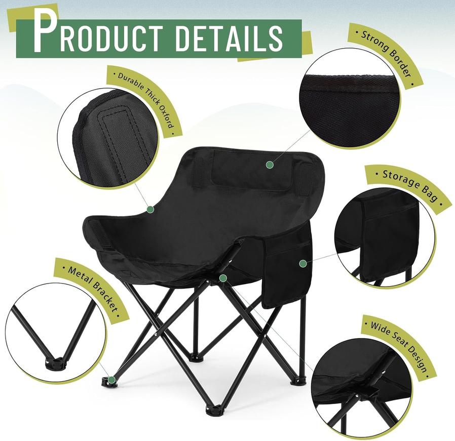 HKM-057619 Portable Folding Camping Chairs - Lightweight 2 Pack with Carry Bag, Supports 330lbs - Ideal for Travel, Picnic, Hiking, Beach, and Fishing