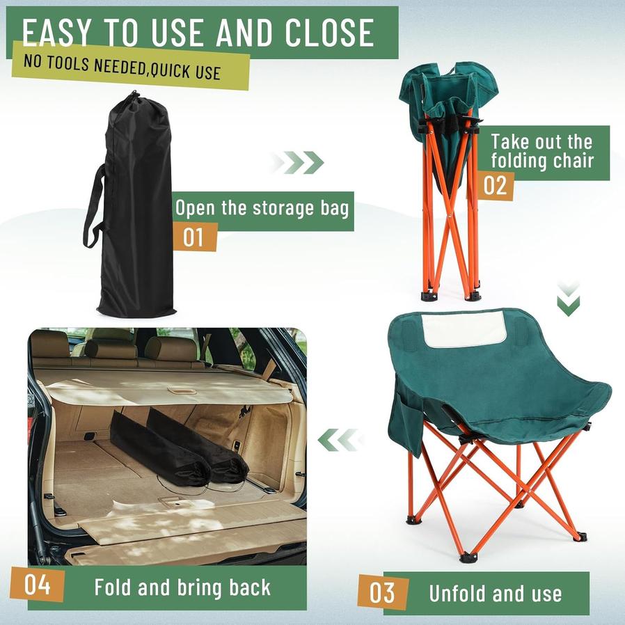 HKM-057619 Portable Folding Camping Chairs - Lightweight 2 Pack with Carry Bag, Supports 330lbs - Ideal for Travel, Picnic, Hiking, Beach, and Fishing