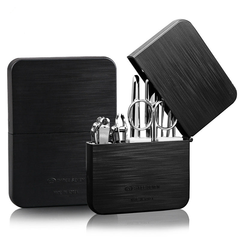 HKM-140563 Carbon Steel Nail Clippers Set with Diagonal Cut, Flat Cut, Dead Skin Shovel, Nail File, Eyebrow Clip, Ear Pick, and Eyebrow Scissors
