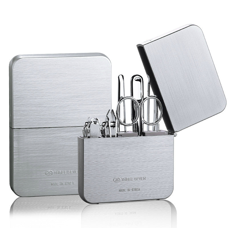 HKM-140563 Carbon Steel Nail Clippers Set with Diagonal Cut, Flat Cut, Dead Skin Shovel, Nail File, Eyebrow Clip, Ear Pick, and Eyebrow Scissors