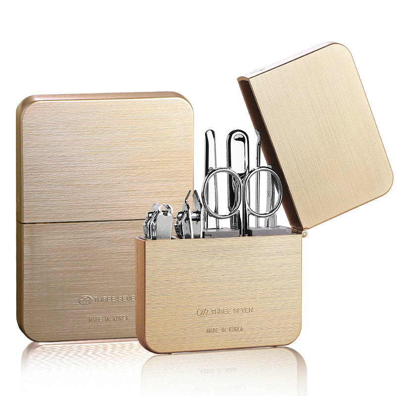 HKM-140563 Carbon Steel Nail Clippers Set with Diagonal Cut, Flat Cut, Dead Skin Shovel, Nail File, Eyebrow Clip, Ear Pick, and Eyebrow Scissors