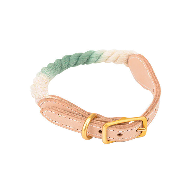 HKM-267091 Gradient Color Vegetable Tanned Leather and Woven Cotton Rope Pet Collar for Dogs and Cats