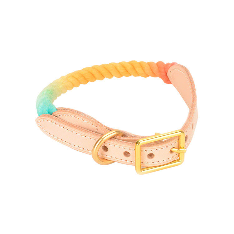 HKM-267091 Gradient Color Vegetable Tanned Leather and Woven Cotton Rope Pet Collar for Dogs and Cats