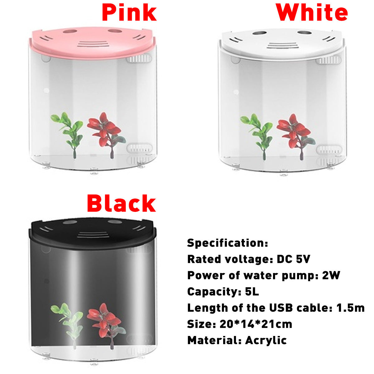 HKM-450643 Ecological Acrylic Fish Tank with LED Light, 5L Capacity, USB-Powered Water Pump