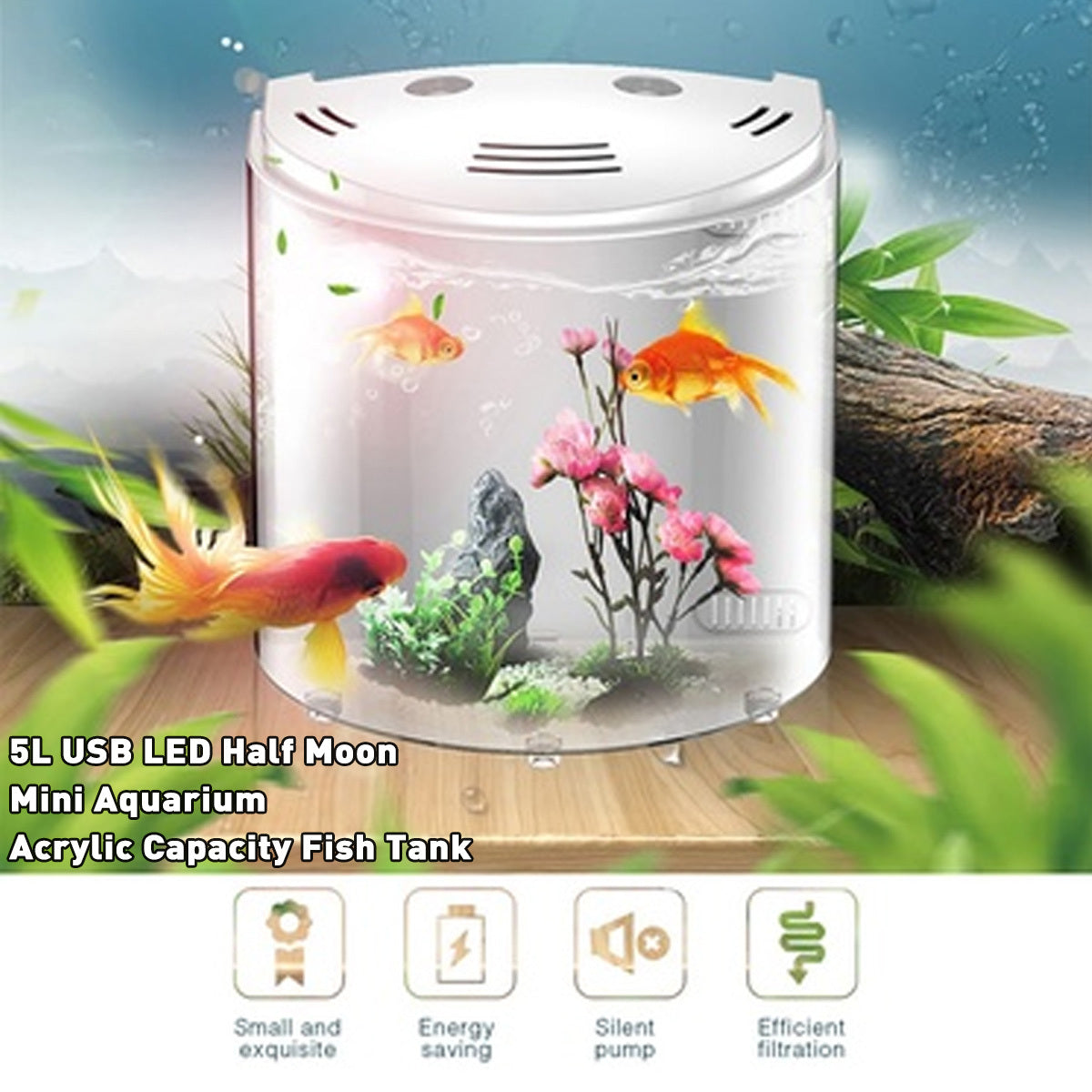 HKM-450643 Ecological Acrylic Fish Tank with LED Light, 5L Capacity, USB-Powered Water Pump