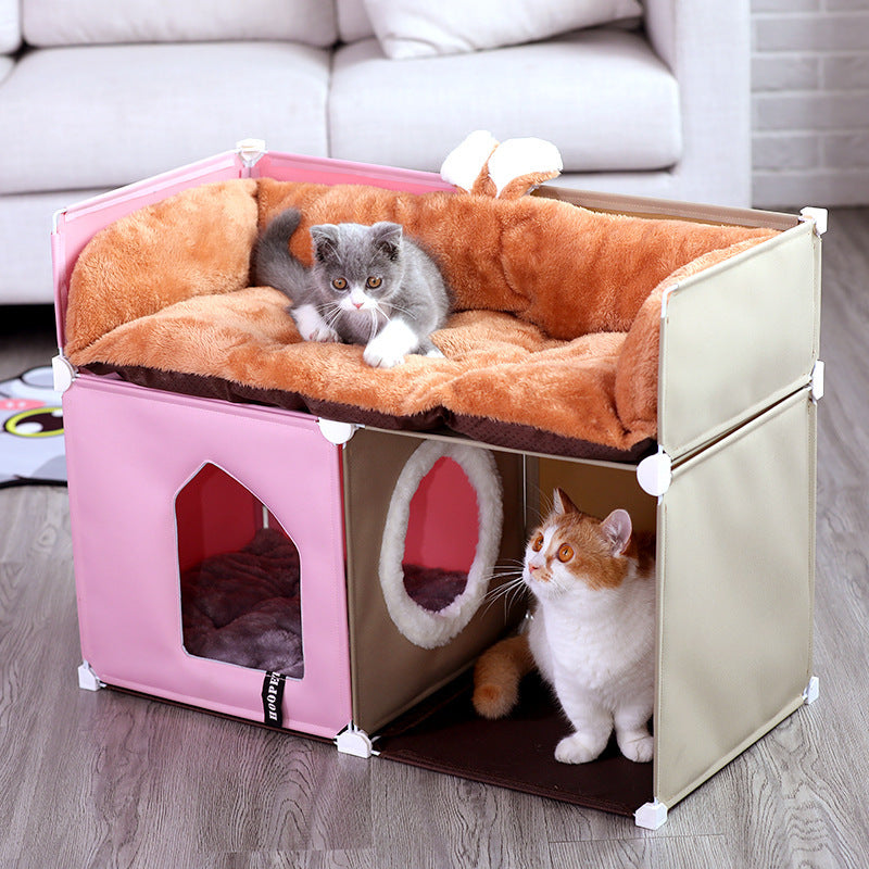 HKM-955667 Cozy Enclosed Two-Layer Cat Villa with Polyester and Iron Frame - Multiple Colors Available