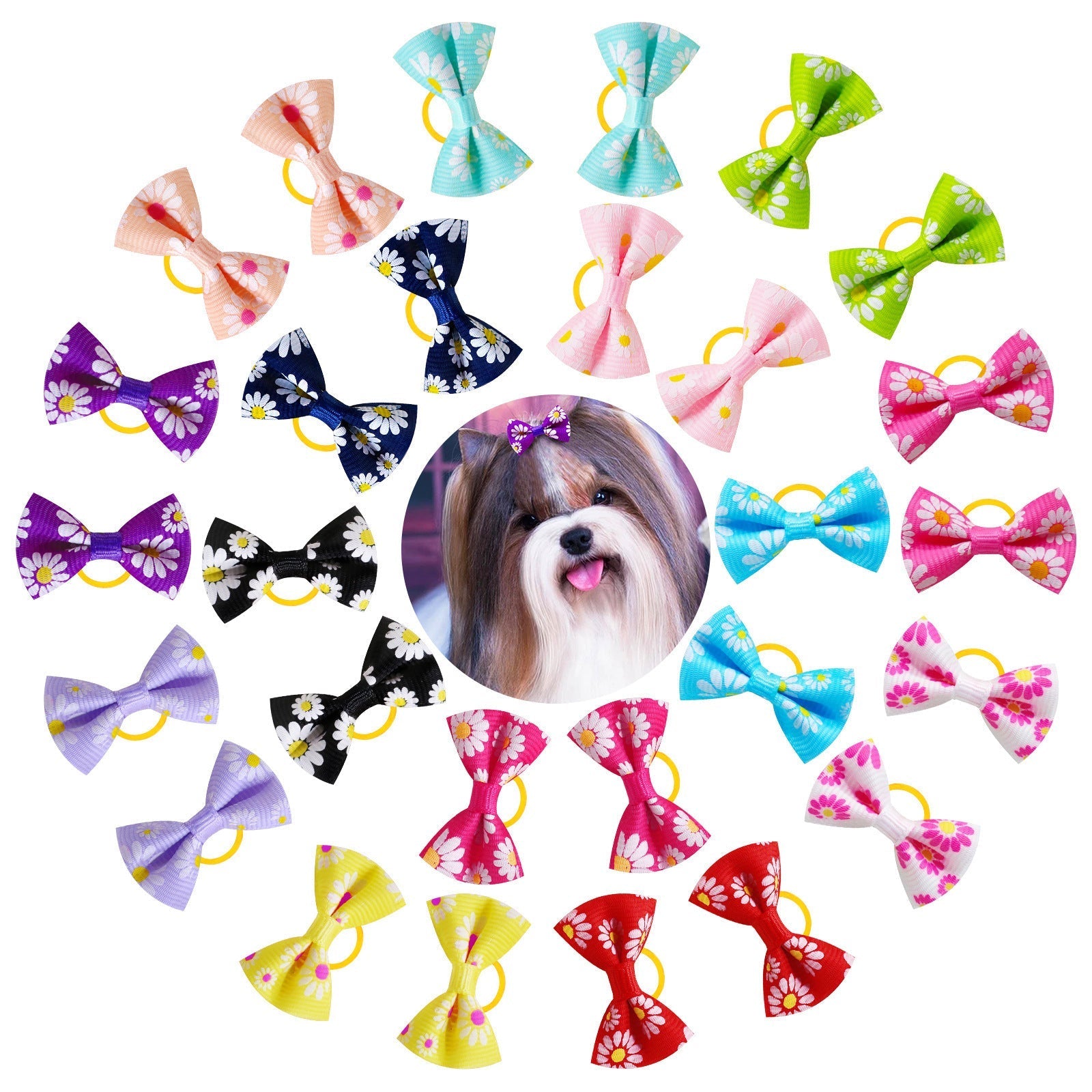 HKM-865811 Small Floral Cloth Headbands for Pets - 50 Pack of Casual Daisy Rubber Bands