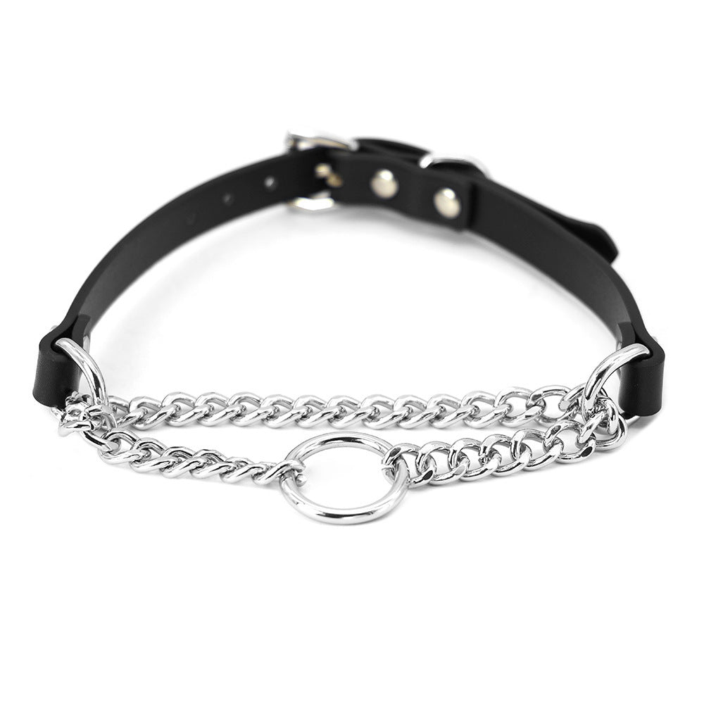 HKM-505683 Leather Collar and Leash Set with Black Hand Grip Rope for Sub-culture Style