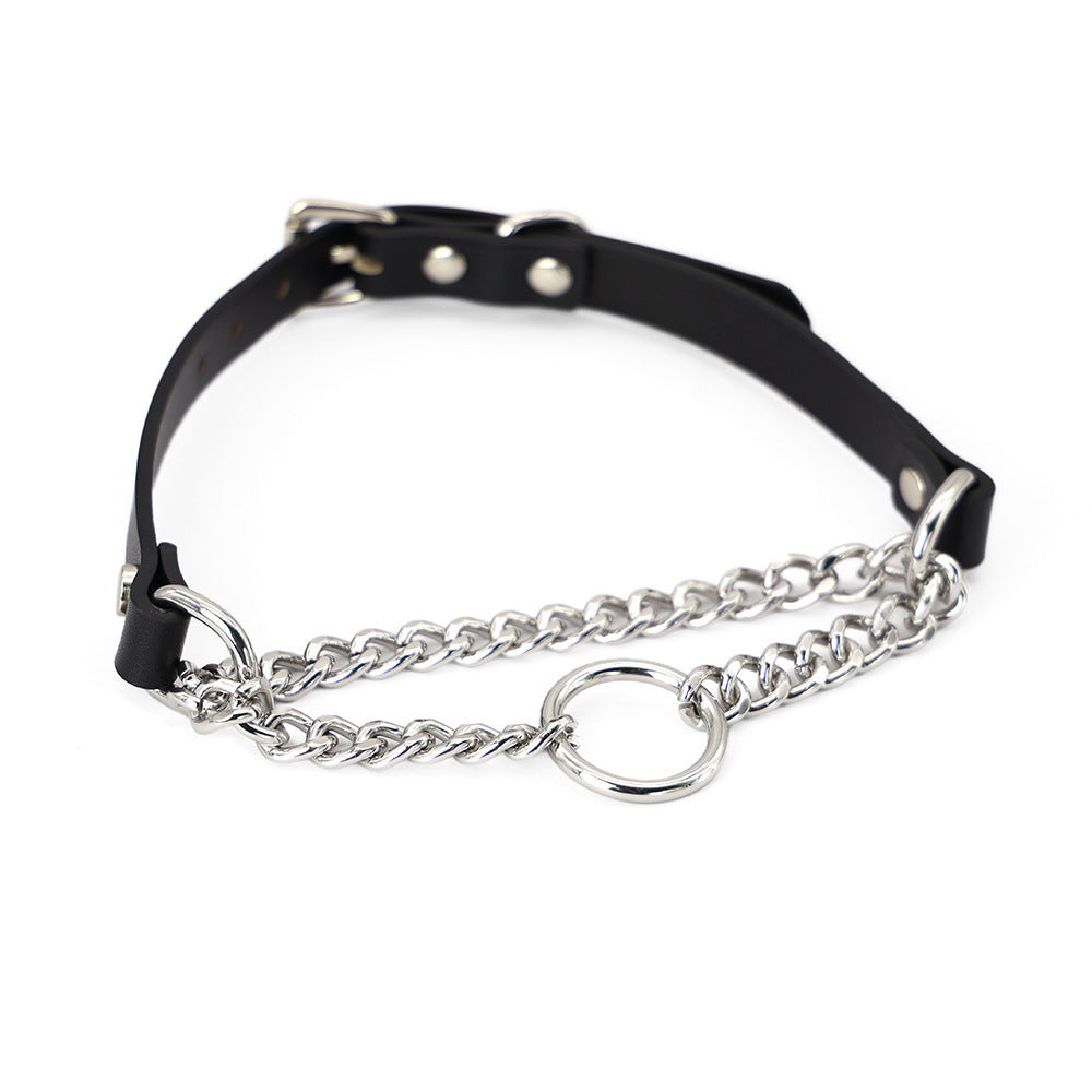 HKM-505683 Leather Collar and Leash Set with Black Hand Grip Rope for Sub-culture Style