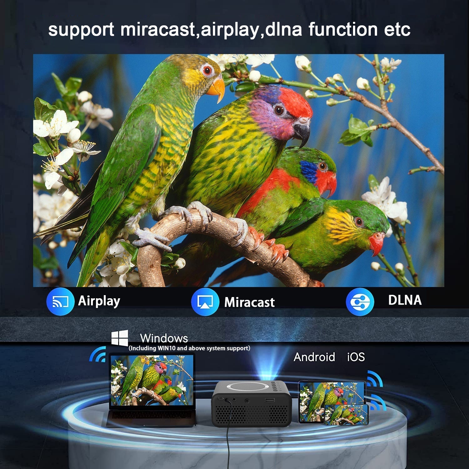 KTX-703571 Compact LED Mini Projector with 1080P Support for Wireless and Wired Streaming on Android and iOS Devices