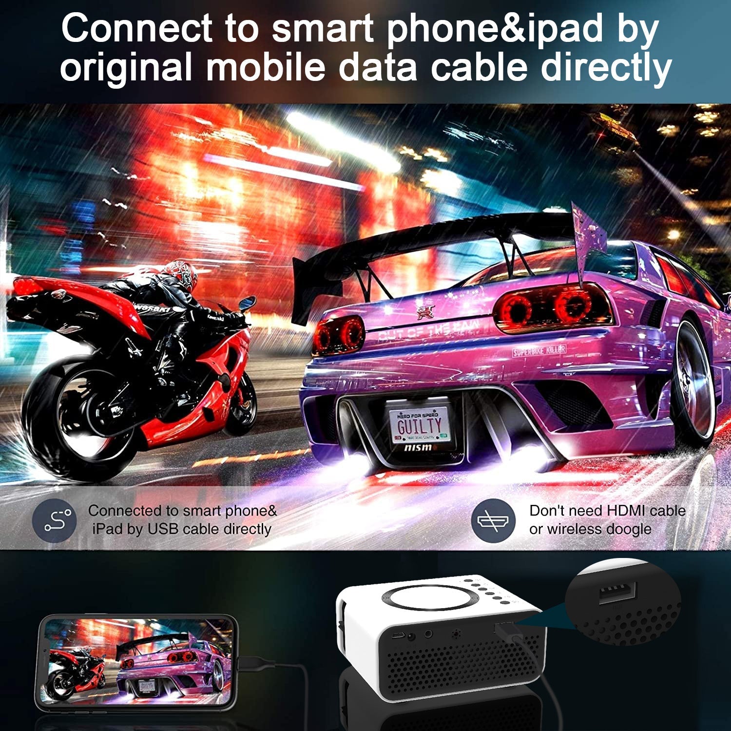 KTX-703571 Compact LED Mini Projector with 1080P Support for Wireless and Wired Streaming on Android and iOS Devices