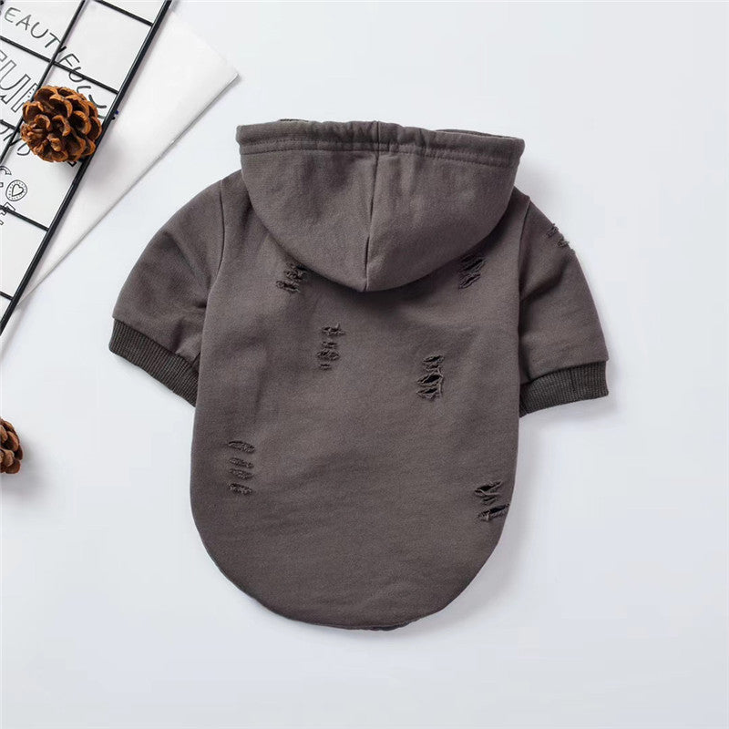 JMT-029194 Two-Legged Gray Ripped Cotton Hoodie for Dogs