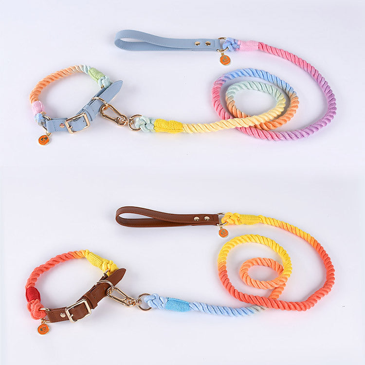 HKM-954387 Cotton Rope and Leather Leash and Collar Set for Medium to Large Dogs ¨C Various Colors Available