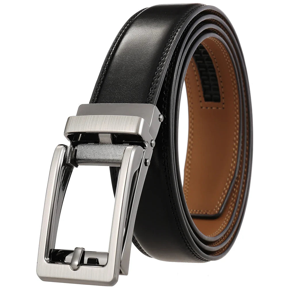 HKM-477523 Men's Leather Belt with Reverse Pull Buckle - Adjustable Fit, Classic Style