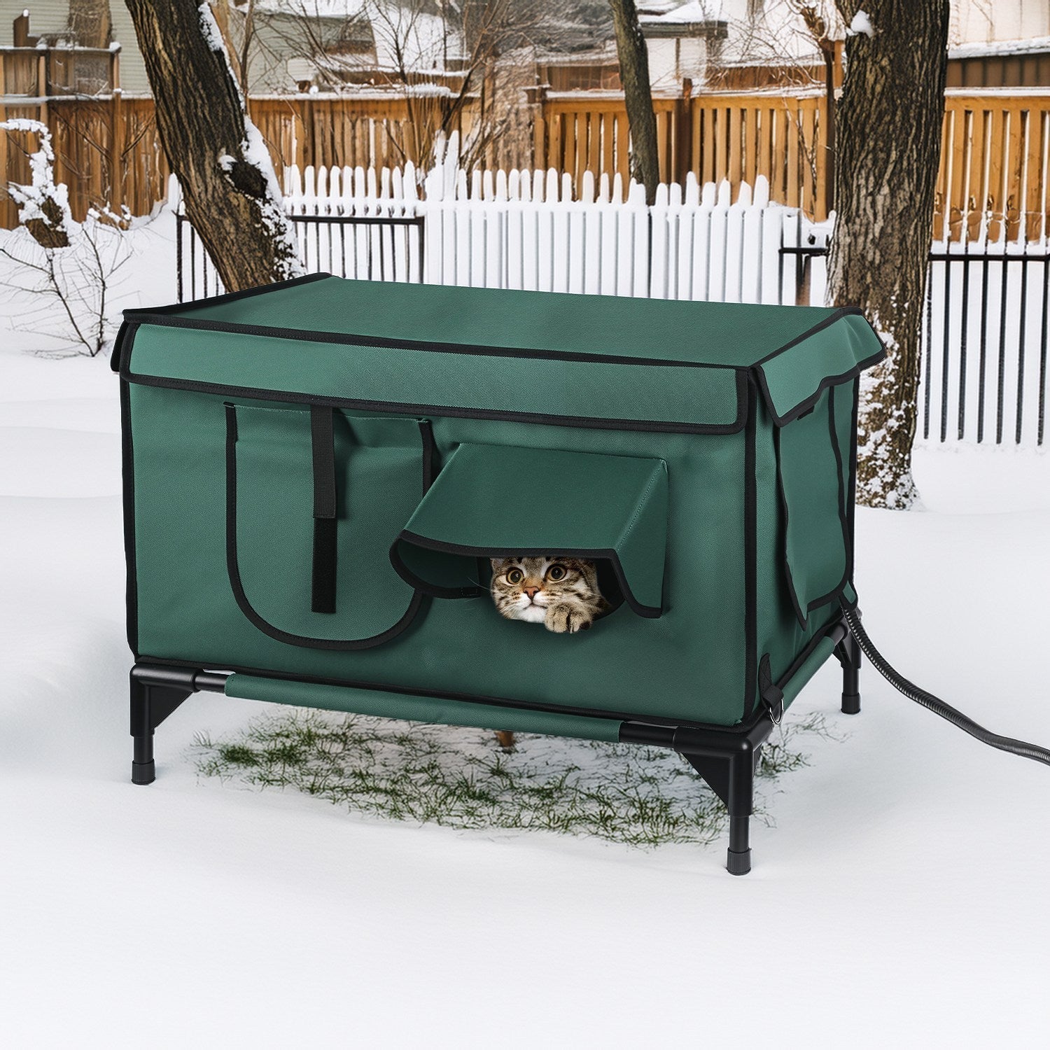 HKM-648723 Waterproof Heated Cat House with Insulated Shelter, Heating Pad, Anti-Chew Cord, 2 Doors & 3 Windows for Indoor/Outdoor Use