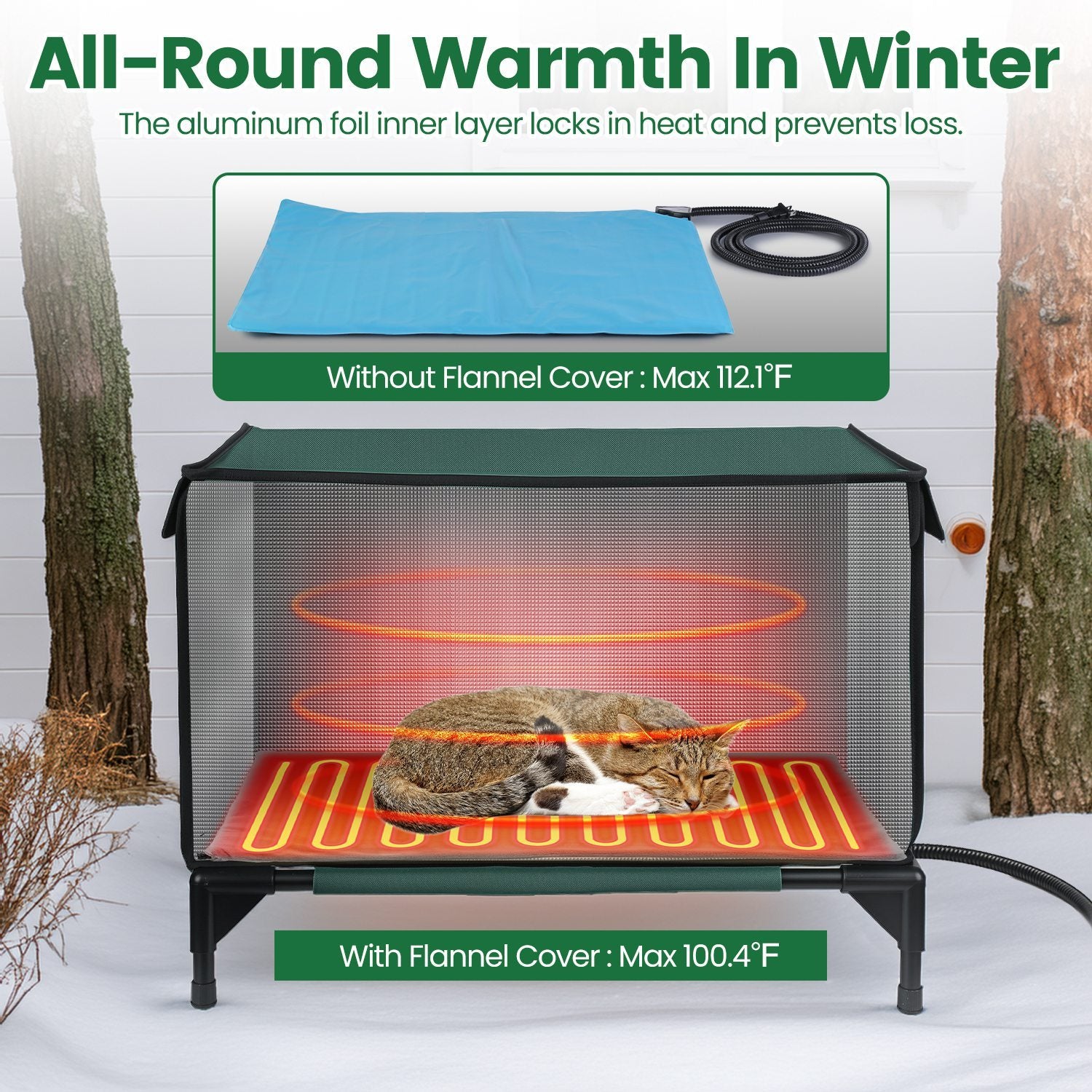 HKM-648723 Waterproof Heated Cat House with Insulated Shelter, Heating Pad, Anti-Chew Cord, 2 Doors & 3 Windows for Indoor/Outdoor Use