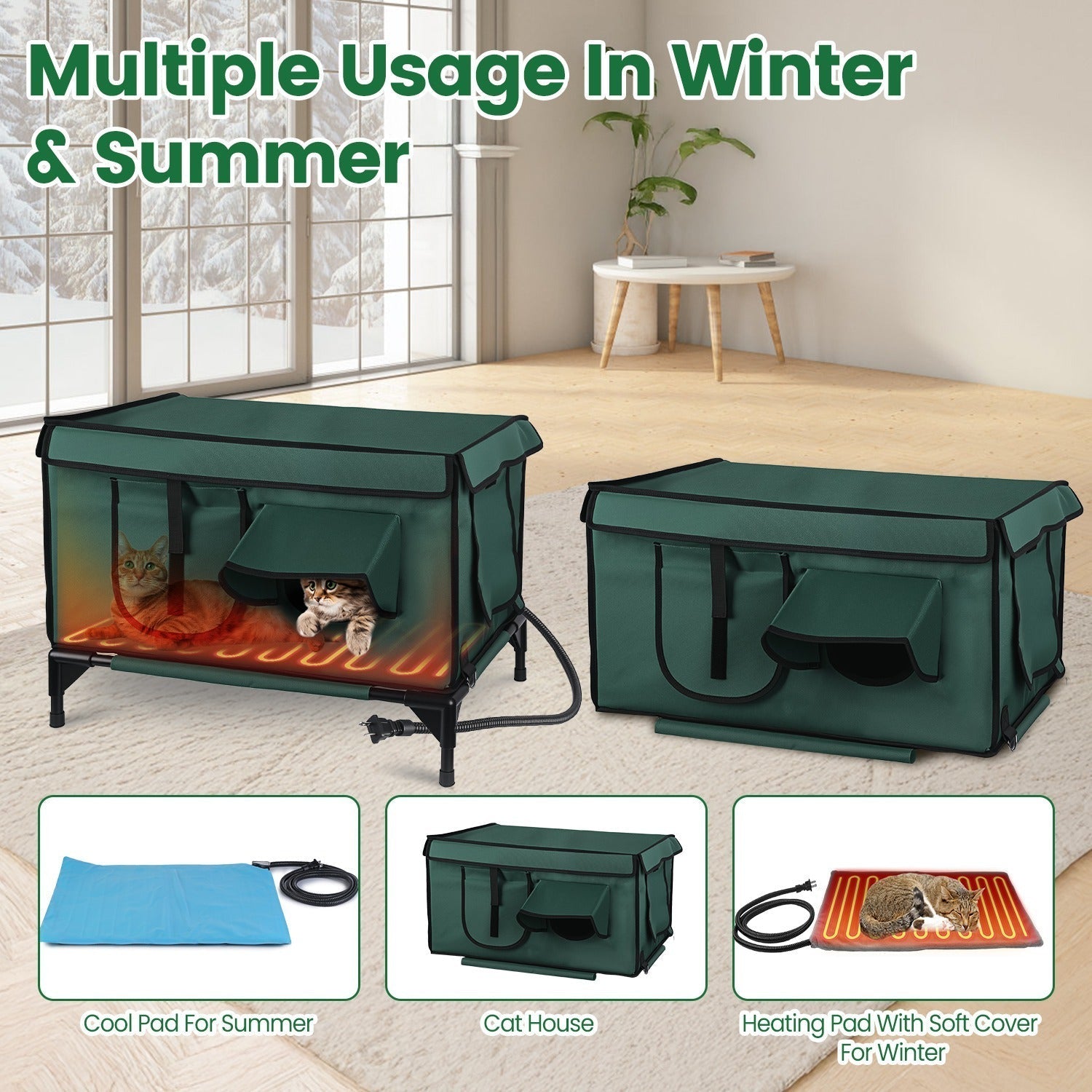 HKM-648723 Waterproof Heated Cat House with Insulated Shelter, Heating Pad, Anti-Chew Cord, 2 Doors & 3 Windows for Indoor/Outdoor Use