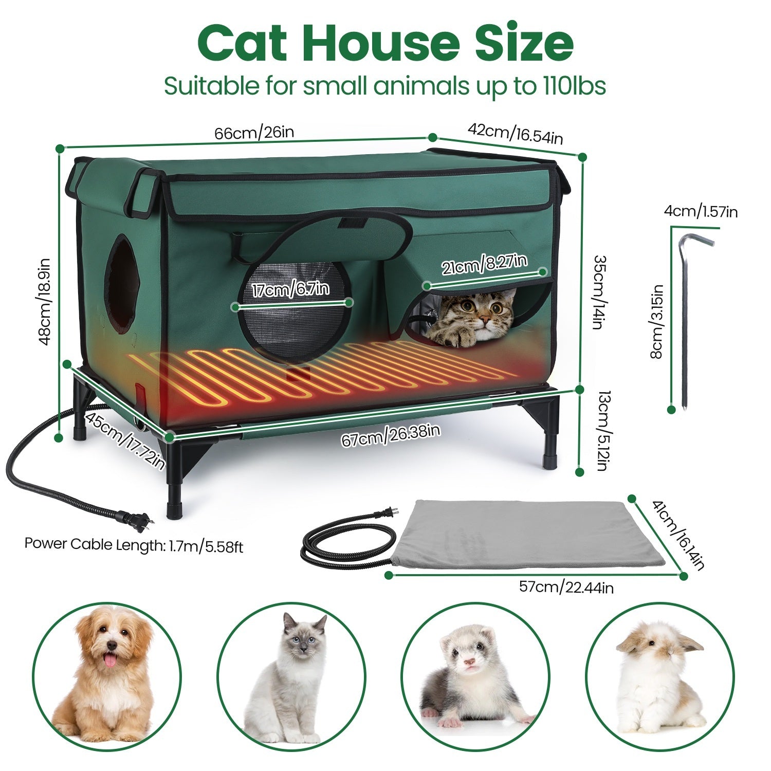 HKM-648723 Waterproof Heated Cat House with Insulated Shelter, Heating Pad, Anti-Chew Cord, 2 Doors & 3 Windows for Indoor/Outdoor Use