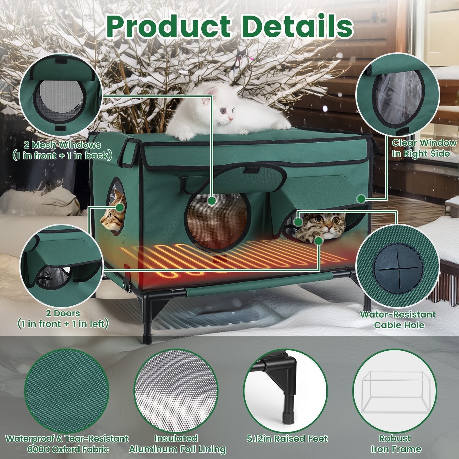 HKM-648723 Waterproof Heated Cat House with Insulated Shelter, Heating Pad, Anti-Chew Cord, 2 Doors & 3 Windows for Indoor/Outdoor Use