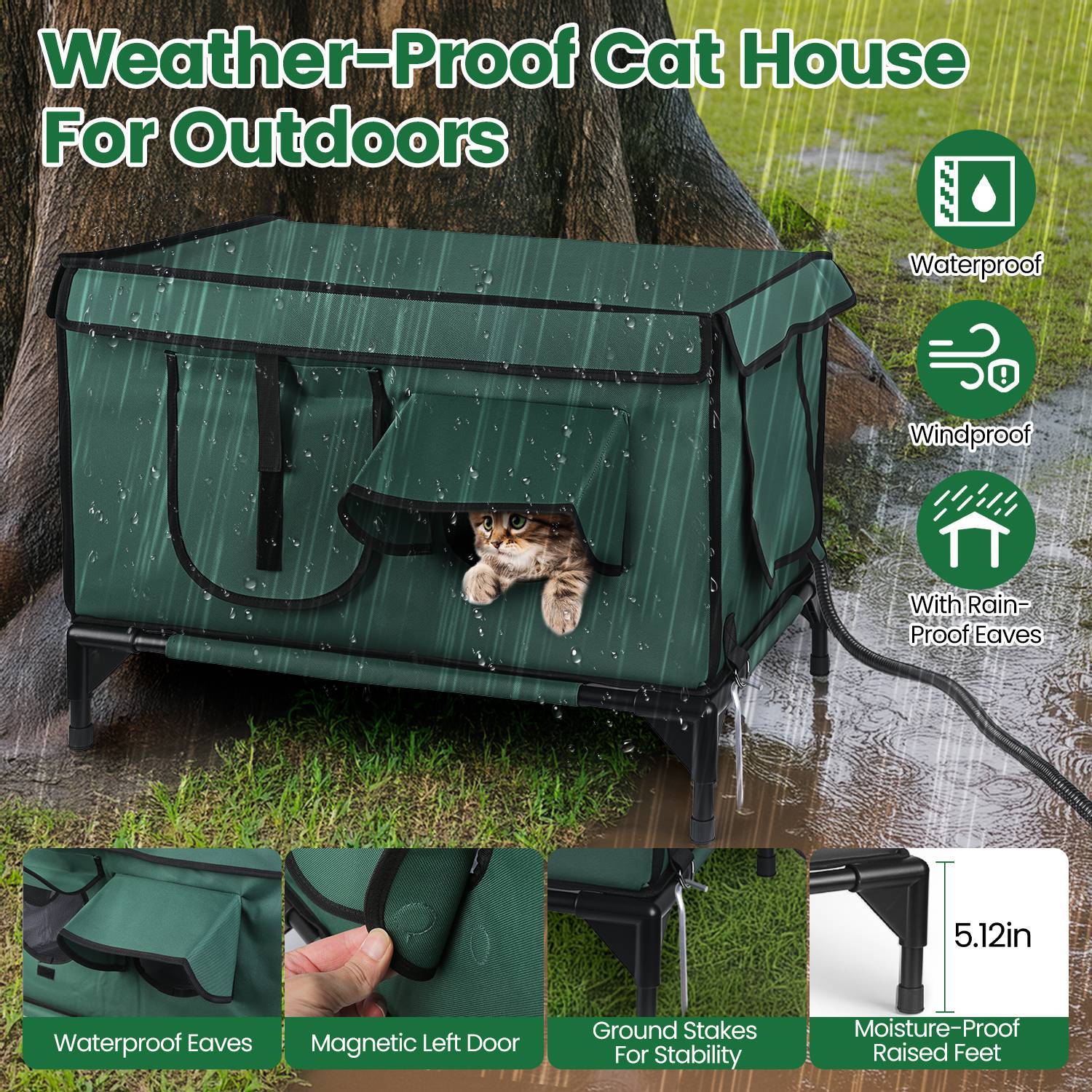 HKM-648723 Waterproof Heated Cat House with Insulated Shelter, Heating Pad, Anti-Chew Cord, 2 Doors & 3 Windows for Indoor/Outdoor Use