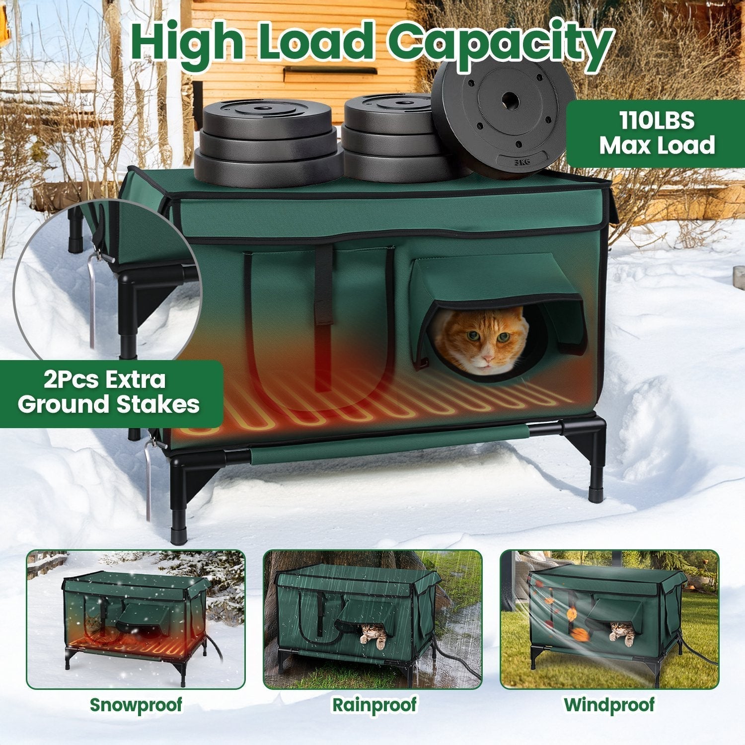 HKM-648723 Waterproof Heated Cat House with Insulated Shelter, Heating Pad, Anti-Chew Cord, 2 Doors & 3 Windows for Indoor/Outdoor Use