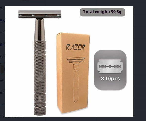 HKM-396371 Vintage Double-Sided Stainless Steel Razor with 10 Blades and Holder