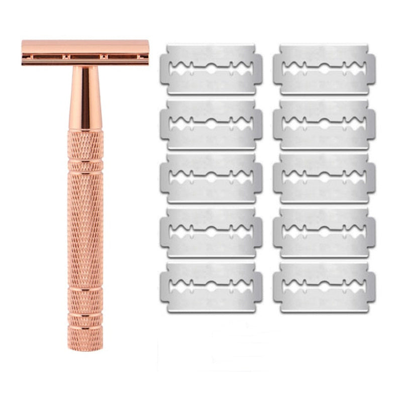 HKM-396371 Vintage Double-Sided Stainless Steel Razor with 10 Blades and Holder