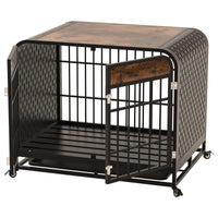 HKM-415891 Heavy Duty Wooden Dog Crate Table with Lockable Wheels and Removable Tray - 33 Inch Brown
