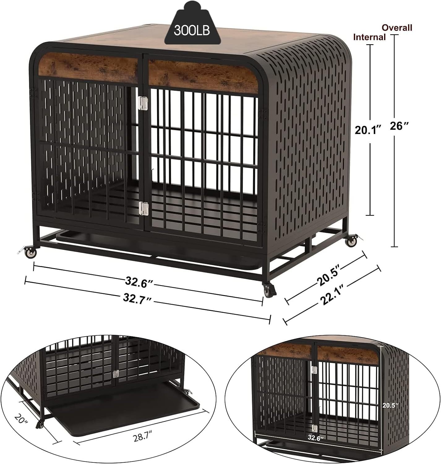HKM-415891 Heavy Duty Wooden Dog Crate Table with Lockable Wheels and Removable Tray - 33 Inch Brown