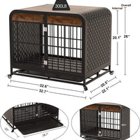 HKM-415891 Heavy Duty Wooden Dog Crate Table with Lockable Wheels and Removable Tray - 33 Inch Brown