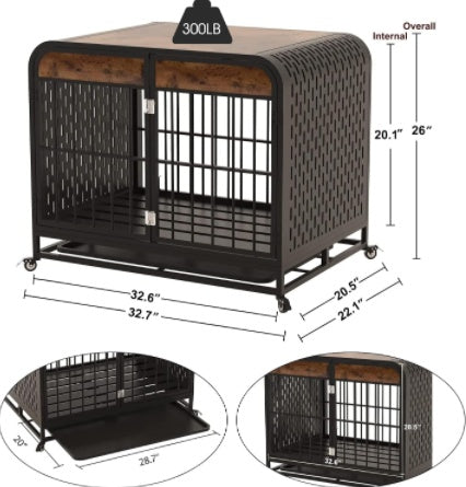 HKM-415891 Heavy Duty Wooden Dog Crate Table with Lockable Wheels and Removable Tray - 33 Inch Brown