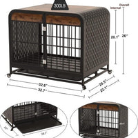 HKM-415891 Heavy Duty Wooden Dog Crate Table with Lockable Wheels and Removable Tray - 33 Inch Brown