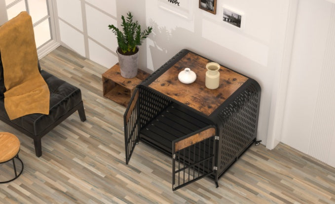 HKM-415891 Heavy Duty Wooden Dog Crate Table with Lockable Wheels and Removable Tray - 33 Inch Brown