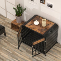HKM-415891 Heavy Duty Wooden Dog Crate Table with Lockable Wheels and Removable Tray - 33 Inch Brown