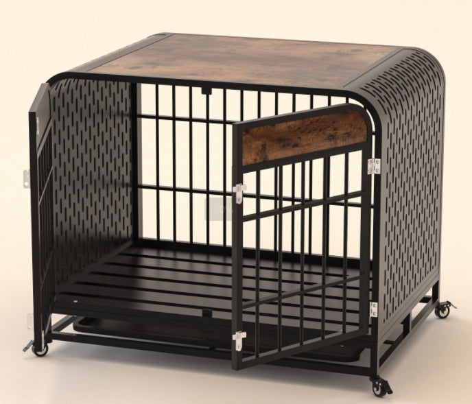 HKM-415891 Heavy Duty Wooden Dog Crate Table with Lockable Wheels and Removable Tray - 33 Inch Brown