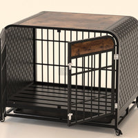 HKM-415891 Heavy Duty Wooden Dog Crate Table with Lockable Wheels and Removable Tray - 33 Inch Brown