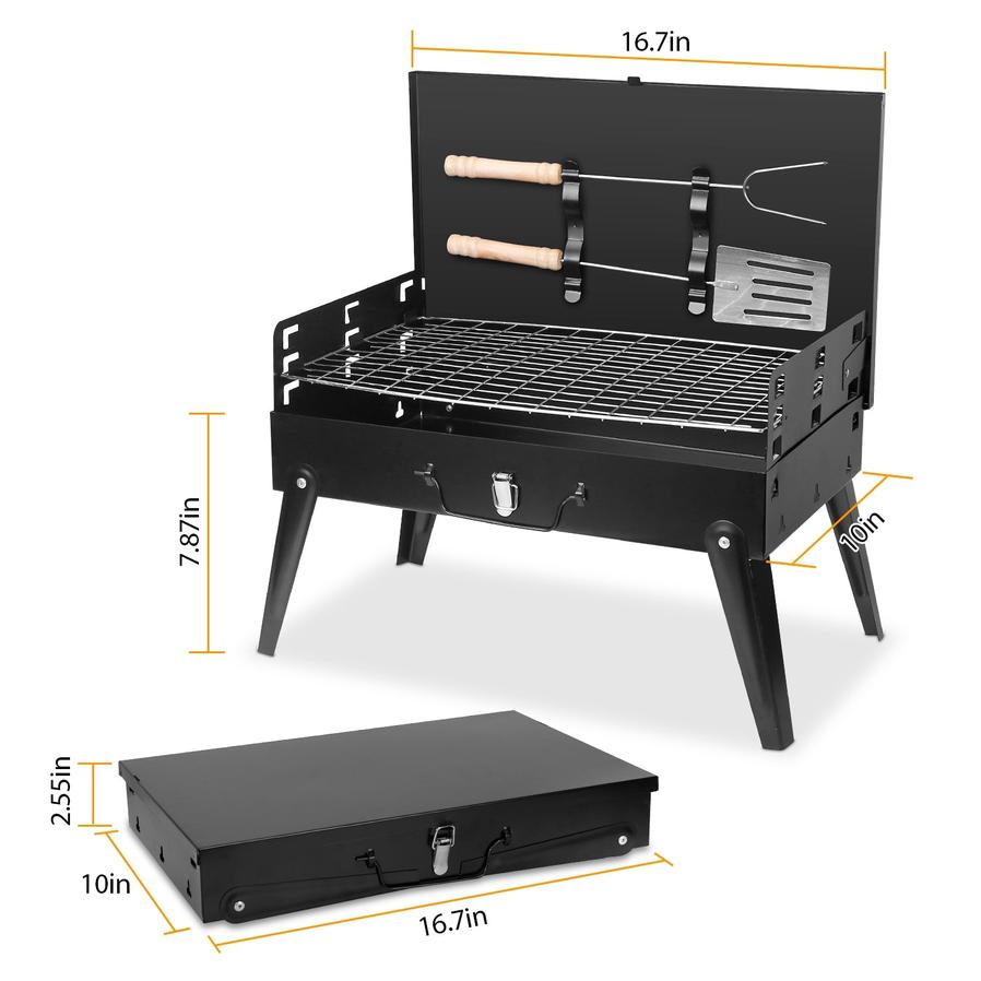 HKM-698323 Portable Charcoal Grill 16.7x10x17.7in Foldable BBQ Suitcase for Outdoor Camping and Picnics