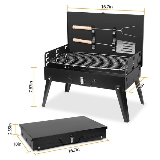 HKM-698323 Portable Charcoal Grill 16.7x10x17.7in Foldable BBQ Suitcase for Outdoor Camping and Picnics