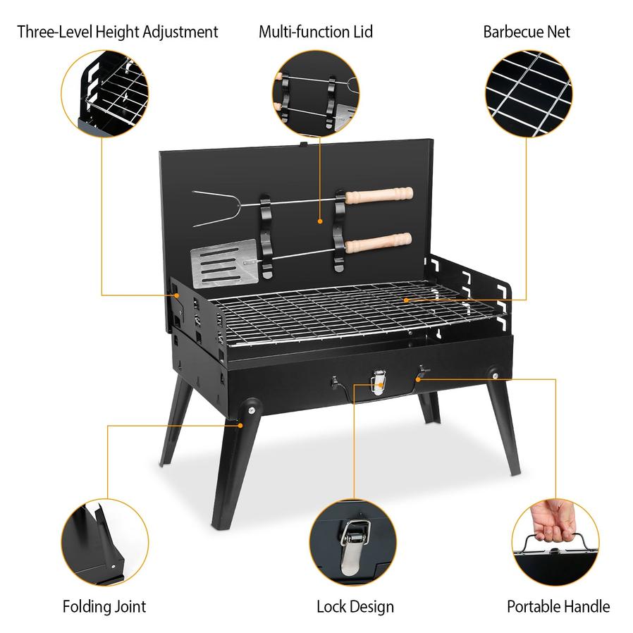 HKM-698323 Portable Charcoal Grill 16.7x10x17.7in Foldable BBQ Suitcase for Outdoor Camping and Picnics