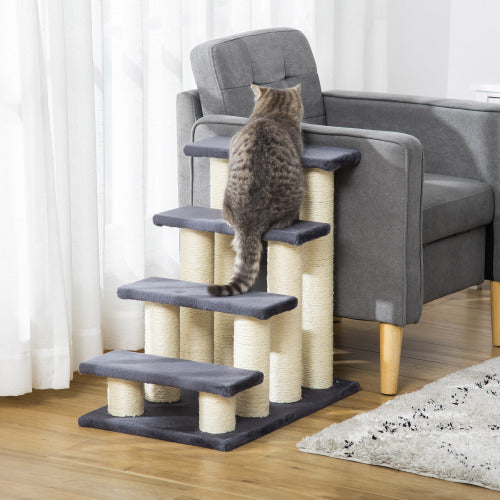 HKM-937875 Cat Tree with 4 Steps for High Beds and Couches, Stair-Shaped Design for Indoor Cats and Small Dogs with Sisal Scratching Post, Gray