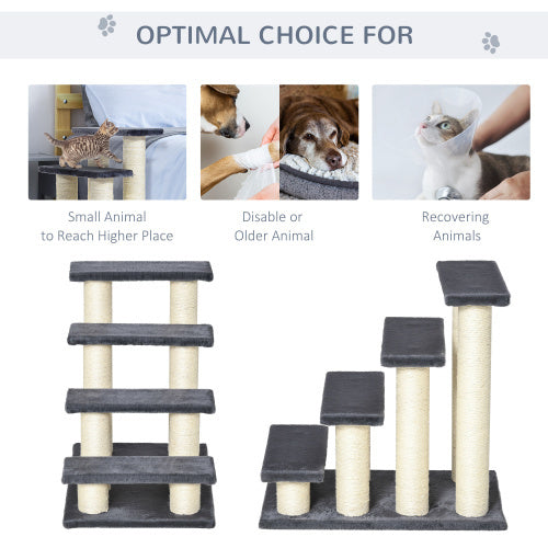 HKM-937875 Cat Tree with 4 Steps for High Beds and Couches, Stair-Shaped Design for Indoor Cats and Small Dogs with Sisal Scratching Post, Gray
