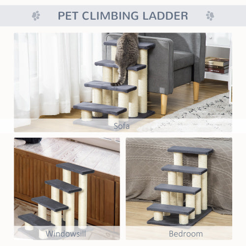HKM-937875 Cat Tree with 4 Steps for High Beds and Couches, Stair-Shaped Design for Indoor Cats and Small Dogs with Sisal Scratching Post, Gray