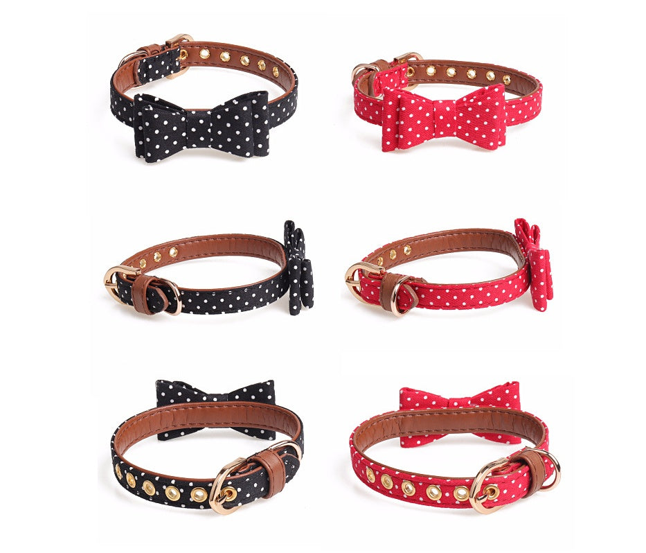 HKM-533843 Polka Dot Pet Bow Collar for All Seasons - S/M/L Adjustable Sizes