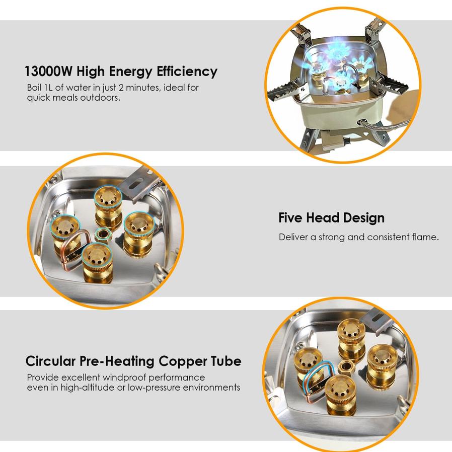 HKM-532179 13000W Portable Camping Stove with Five-Burner Design and Piezo Ignition for Outdoor Cooking