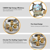 HKM-532179 13000W Portable Camping Stove with Five-Burner Design and Piezo Ignition for Outdoor Cooking