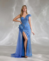 HKM-581267 Elegant Blue Off-Shoulder Evening Dress for Women - Perfect for Formal Occasions