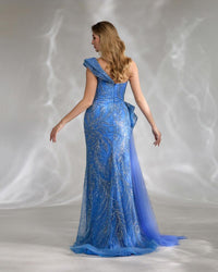 HKM-581267 Elegant Blue Off-Shoulder Evening Dress for Women - Perfect for Formal Occasions