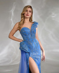 HKM-581267 Elegant Blue Off-Shoulder Evening Dress for Women - Perfect for Formal Occasions
